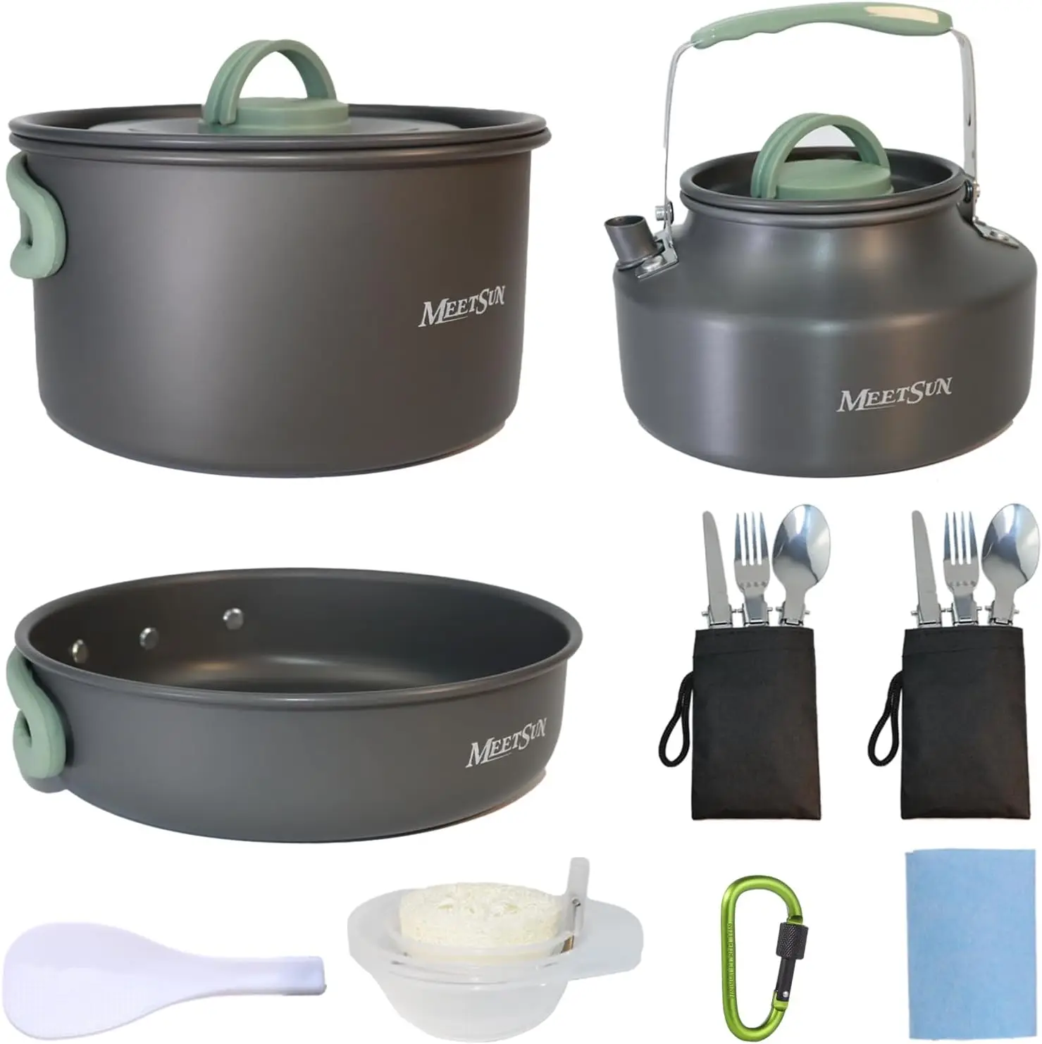 

Camping Cookware Set with Silicone Handle for 2-3 Person with Kettle and Folding Tableware for Camping Hiking Picnic