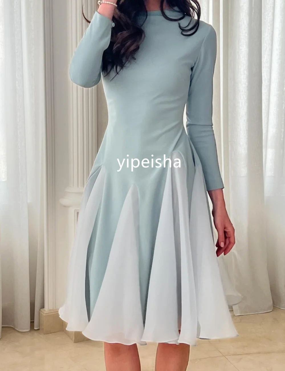 Customized Exquisite Jersey Pleat A-line Scoop Neck Midi Dresses Prom Dresses Modern Style Pastrol Unisex Chinese Style Formal C