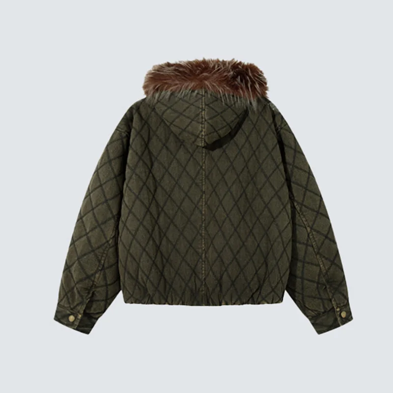 American Retro Diamond Patterned Washed Cotton Jacket With Detachable Fur Collar Metal Buckle Hooded Jacket Loose Warm Jacket