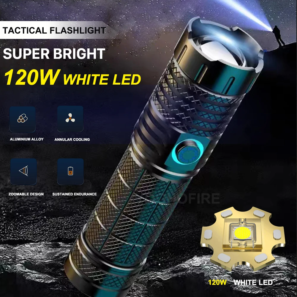 Tactical Flashlight  High Lumens Battery Powered Type C 120W White LED Torch Lantern Emergency Camping Outdoor Flash Light