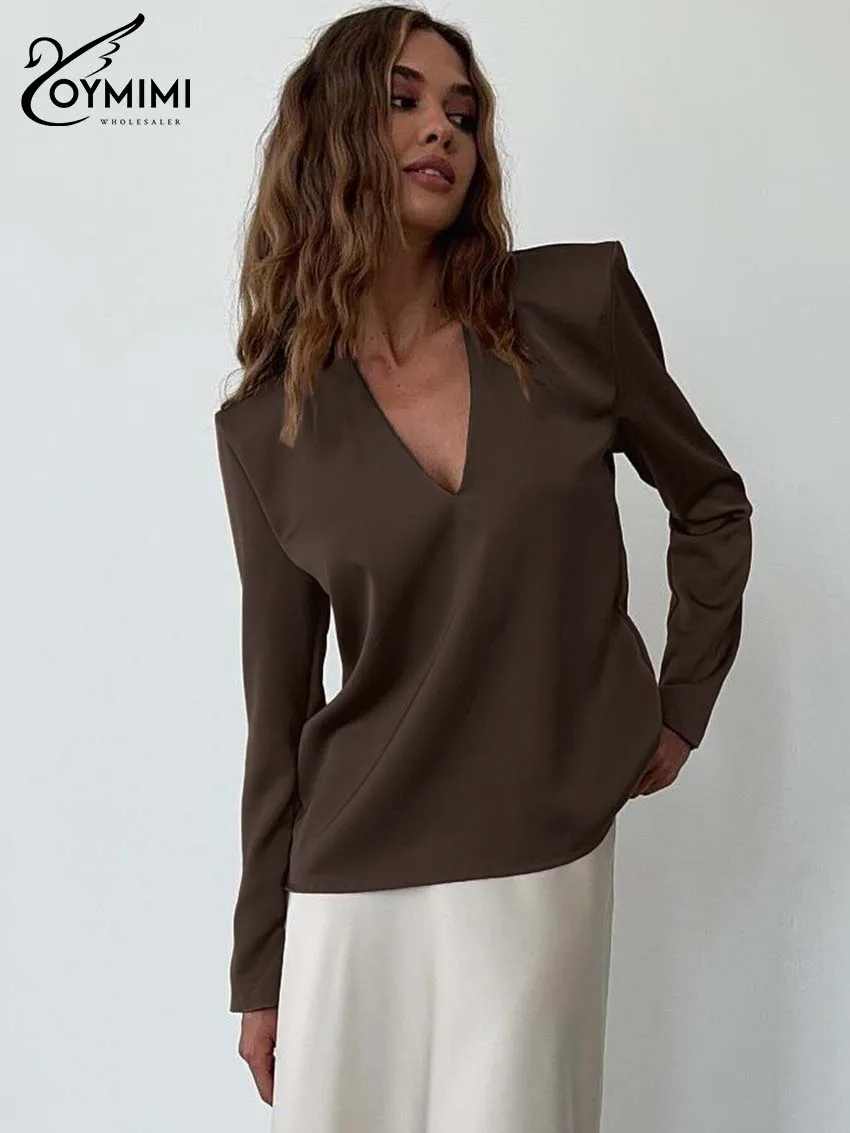 Oymimi أنيقة الكاكي الخامس الرقبة قميص نسائي موضة بسيطة طويلة الأكمام قمصان الخريف عادية الصلبة الساتان قمصان الإناث الشارع الشهير #5