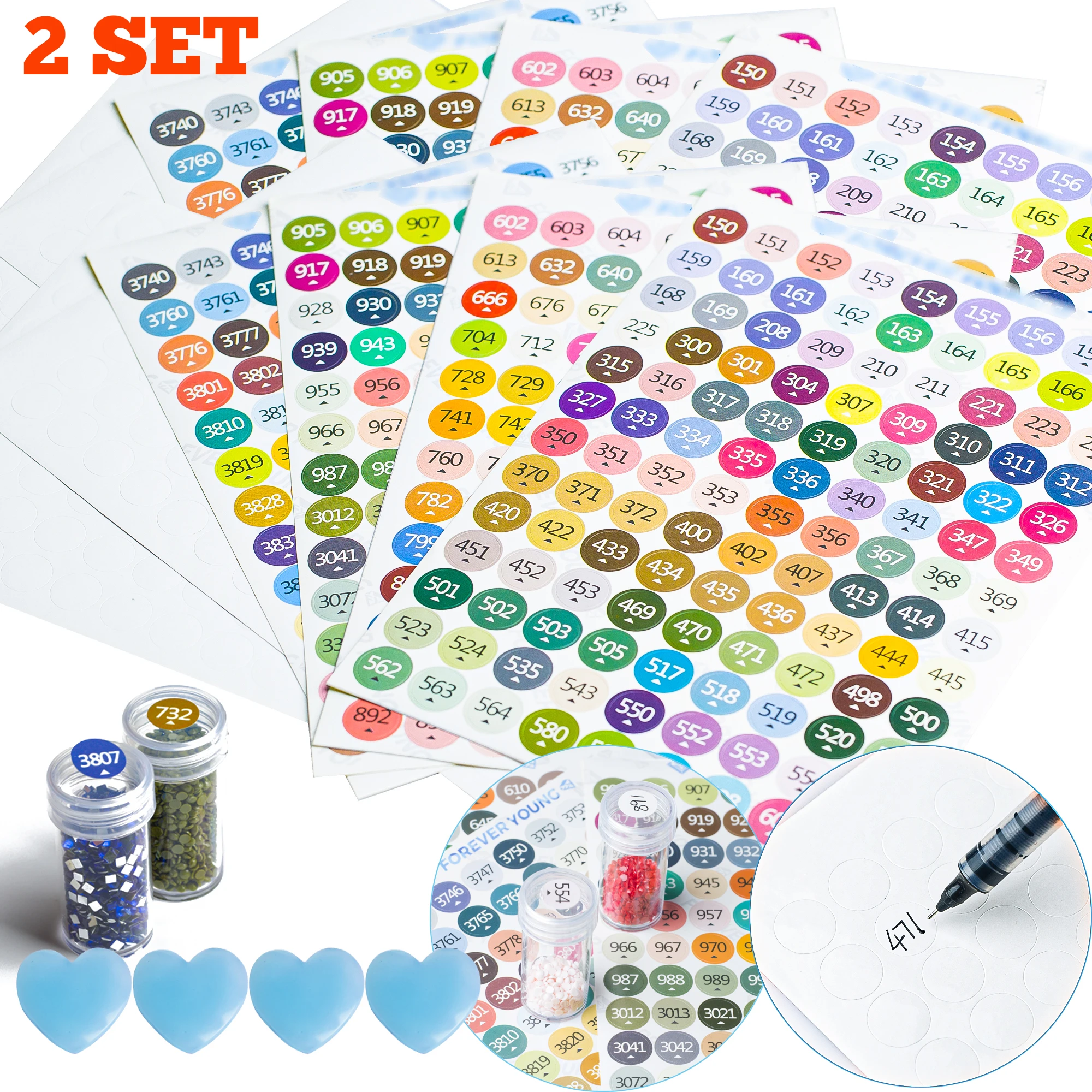 2 Set Diamond Painting Color Number Stickers 447 DMC Lables Stickers Diamond Painting Accessories Storage Box