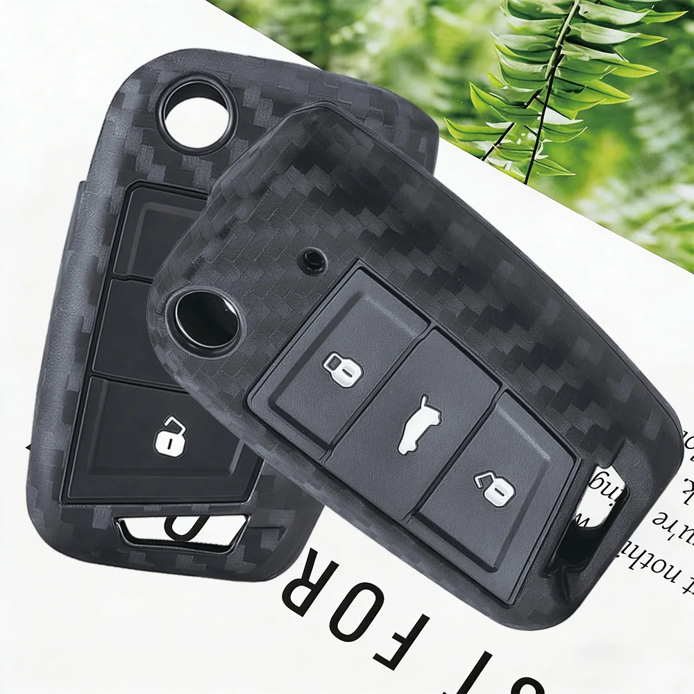 Carbon Fiber Style Premium Soft Silicone Car Key Case Cover For VW Polo Golf 7 Tiguan For Skoda Octavia Fabia Kodiaq view 3