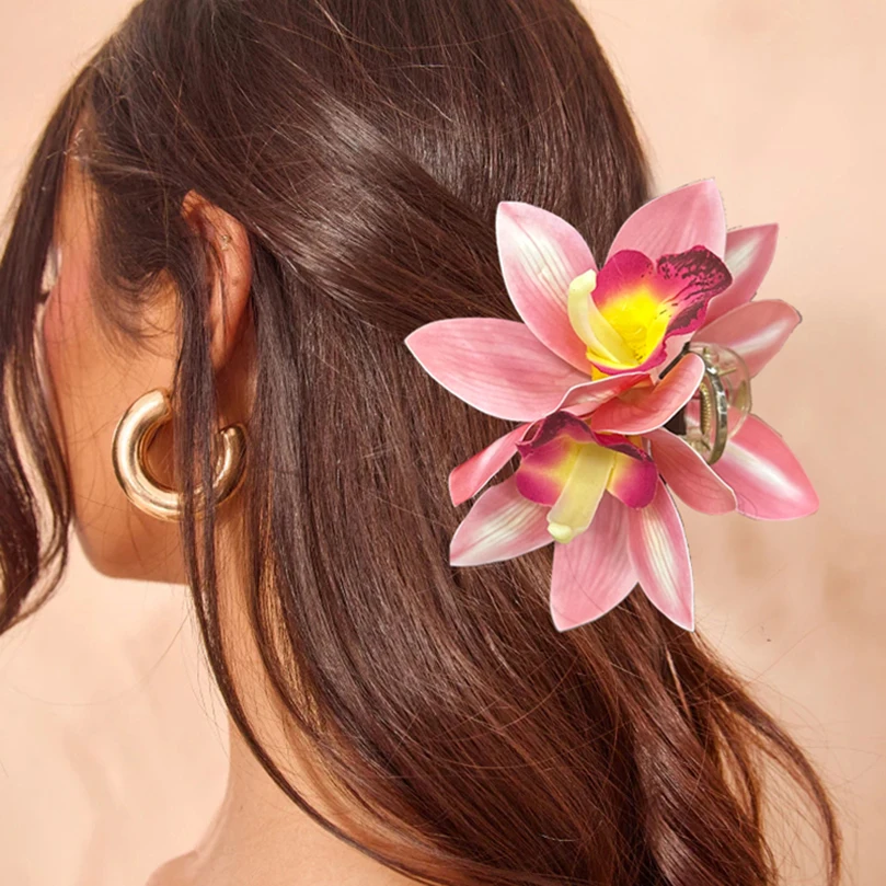 AWAYTR Simulated Flowers Hair Claw Orchid Crab Hair Clips Ponytail Barrette Girl Shark Clip Hairpins Women Hair Accessories