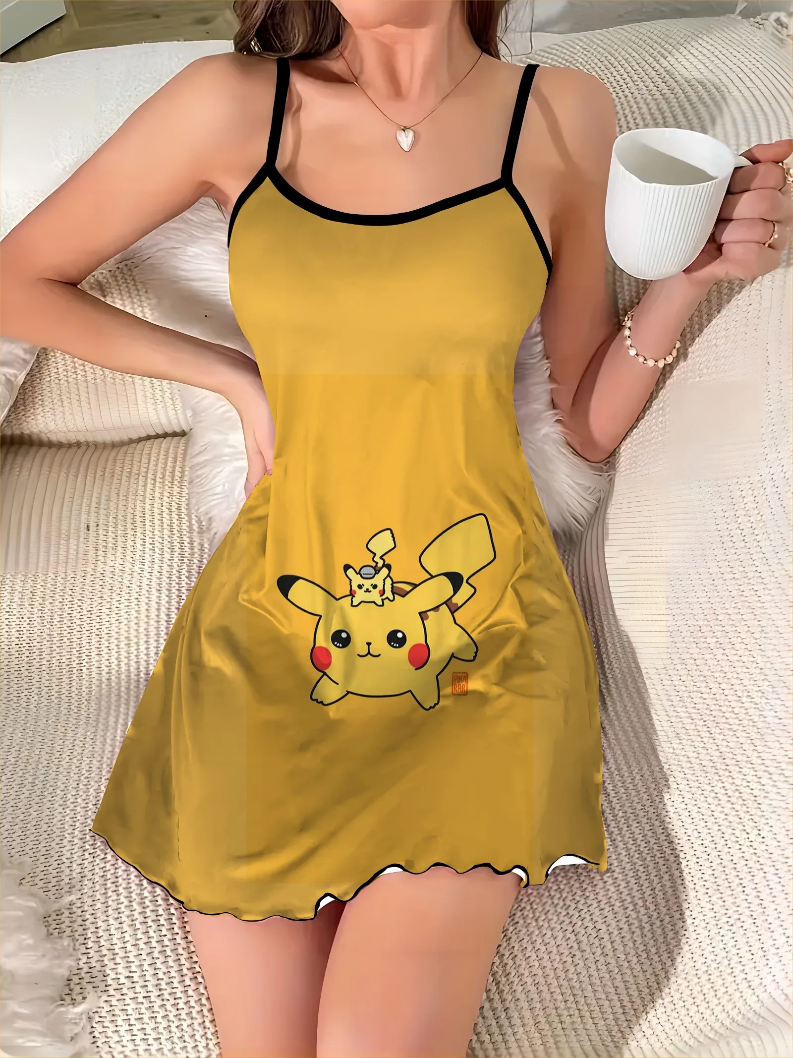 Pajama Skirt Pokémon Fashion Summer Dresses 2024 Pikachu Slip Dress Crew Neck Satin Surface Lettuce Trim Elegant Women Mini Sexy