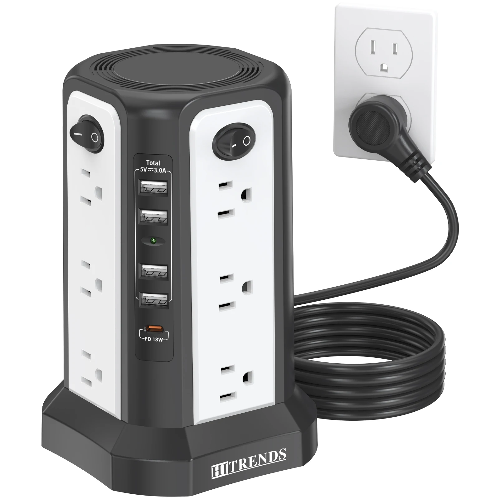 HITRENDS Tower Power Strip with Surge Protection 12 AC Outlets + 4 USB + PD18W Type-C, 10ft Extension Cord with Multiple Outlets