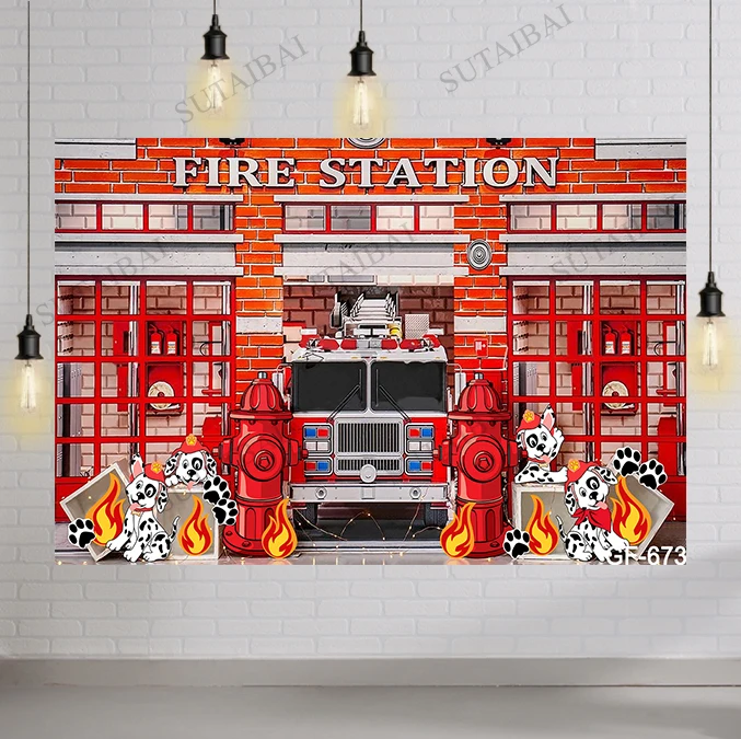 Fire Station Photography Backdrops Fireman Fire Truck Boy Birthday Party Background Cake Smash Photo Studio Photocall