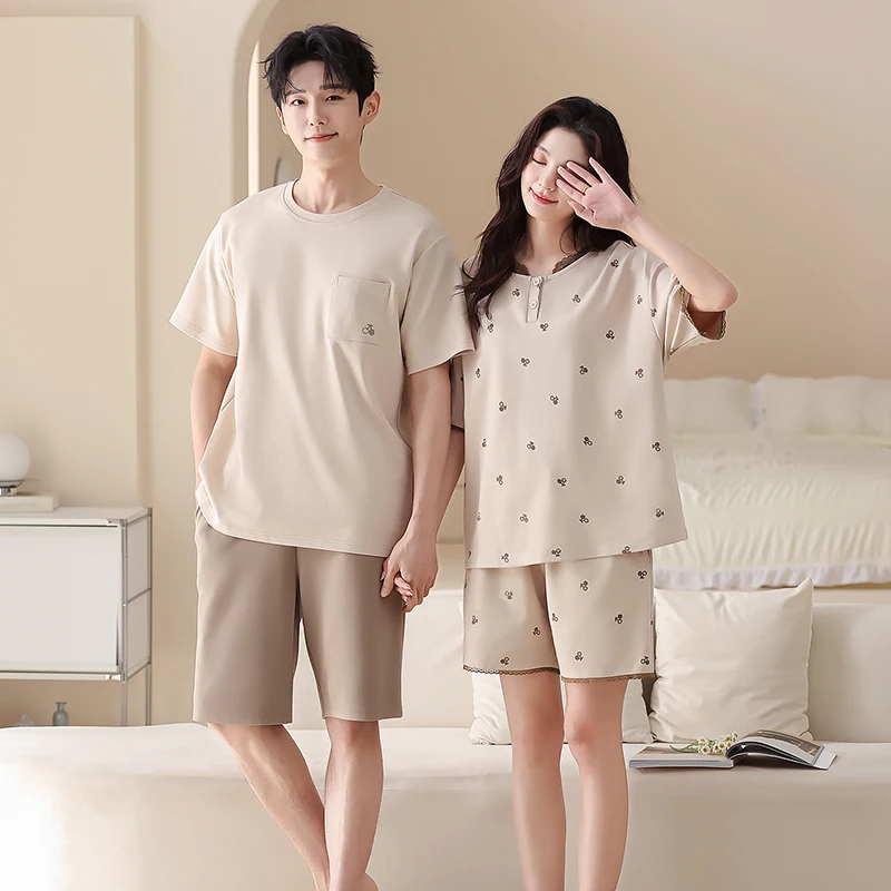 

Высококачественный летний комплект пижам для пар (мужской и женский), 100% хлопок, повседневные пижамы с коротким рукавом