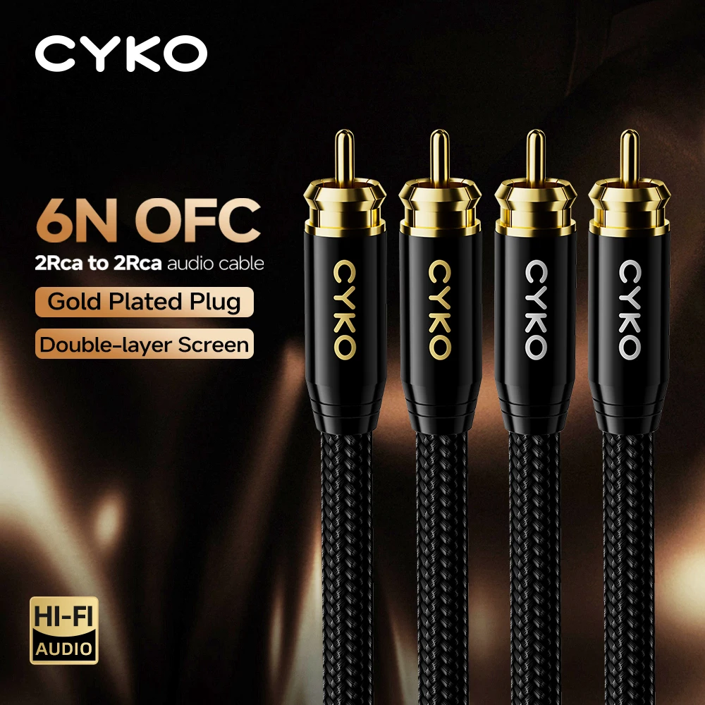 CYKO 1 pair RCA Audio Cable 2 RCA to 2 RCA Interconnect Cables HIFI Stereo 6N OFC Male to Male For Amplifier DAC TV Car Audio