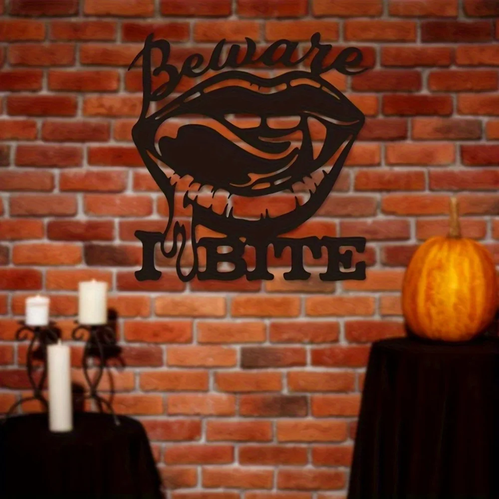 1pc Metal Lips Wall Art - Beware I Bite Halloween Decor Vampire Lips for Spooky Bedroom