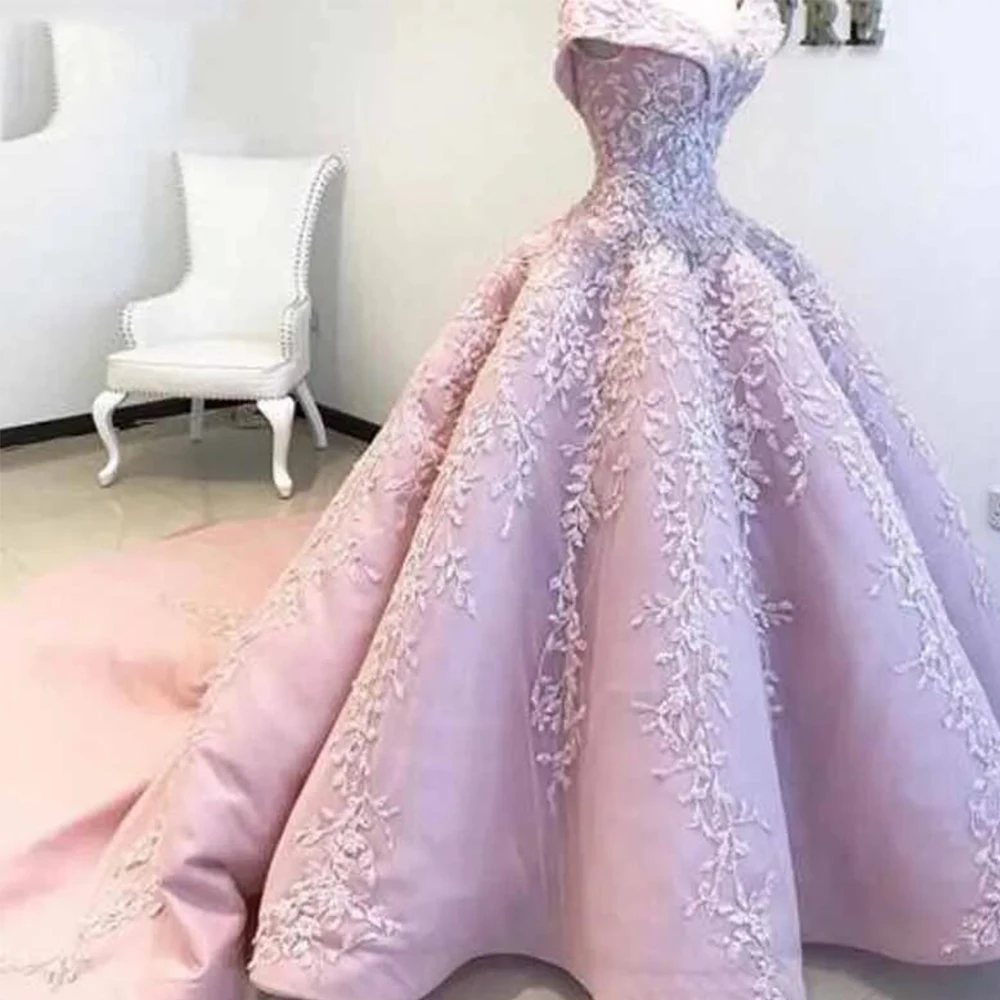 

Pink Dubai Off The Shoulder Evening Dresses Floor Length New Arabic Appliques With Court Train Formal Prom Dresses Custom Made