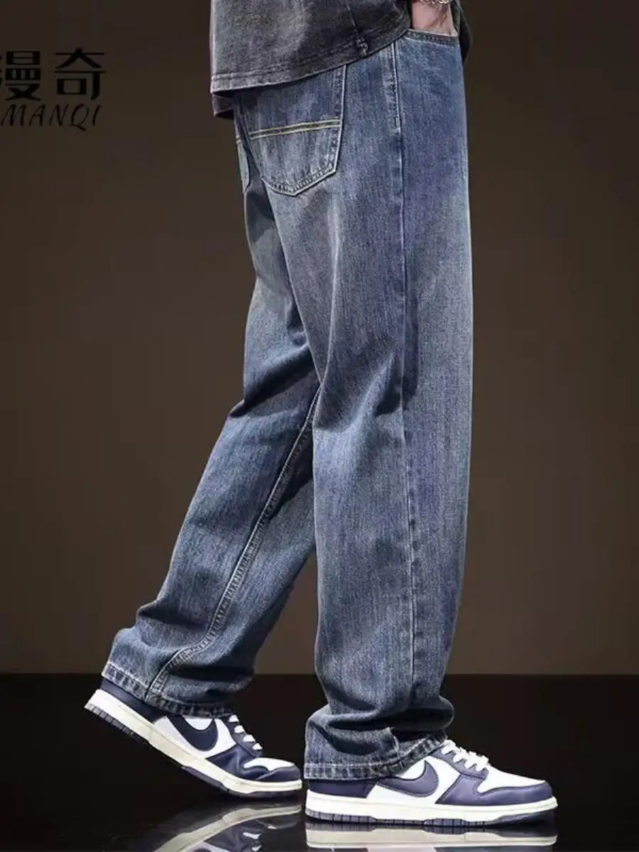 

Американские джинсы прямого кроя в стиле High Street Fashion для мужчин, весенние, повседневные, ретро, брендовые, со средней посадкой, из стираного хлопкового денима