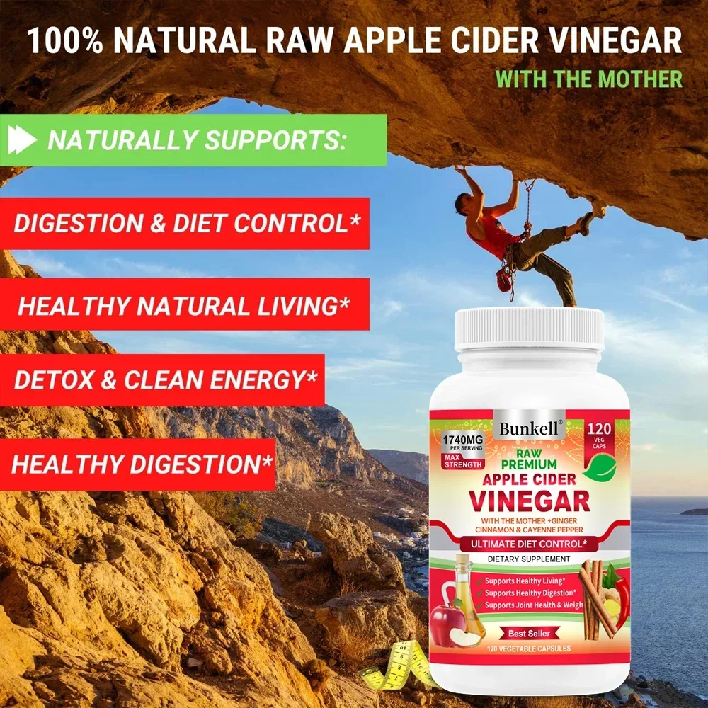 Apple Cider Vinegar Capsules, 1740 Mg, Mother Vinegar - with Cinnamon, Ginger and Cayenne Pepper - Detoxification and Digestion