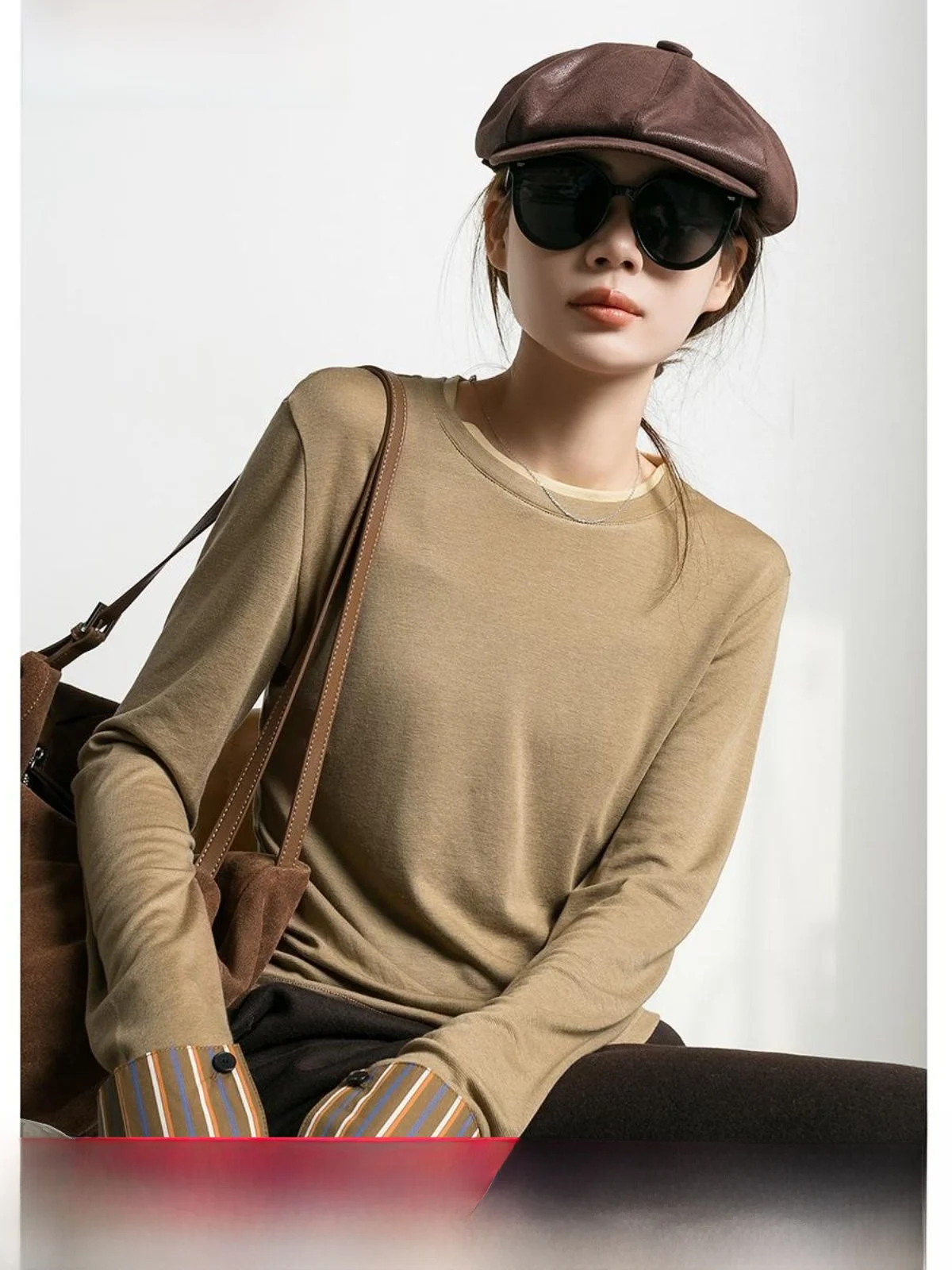 

Trendy Patchwork Stripe irt Sve i Color Fake Two-Piece Long Sve Women's Spring Autumn Rayon Top Commute Sle Arti...