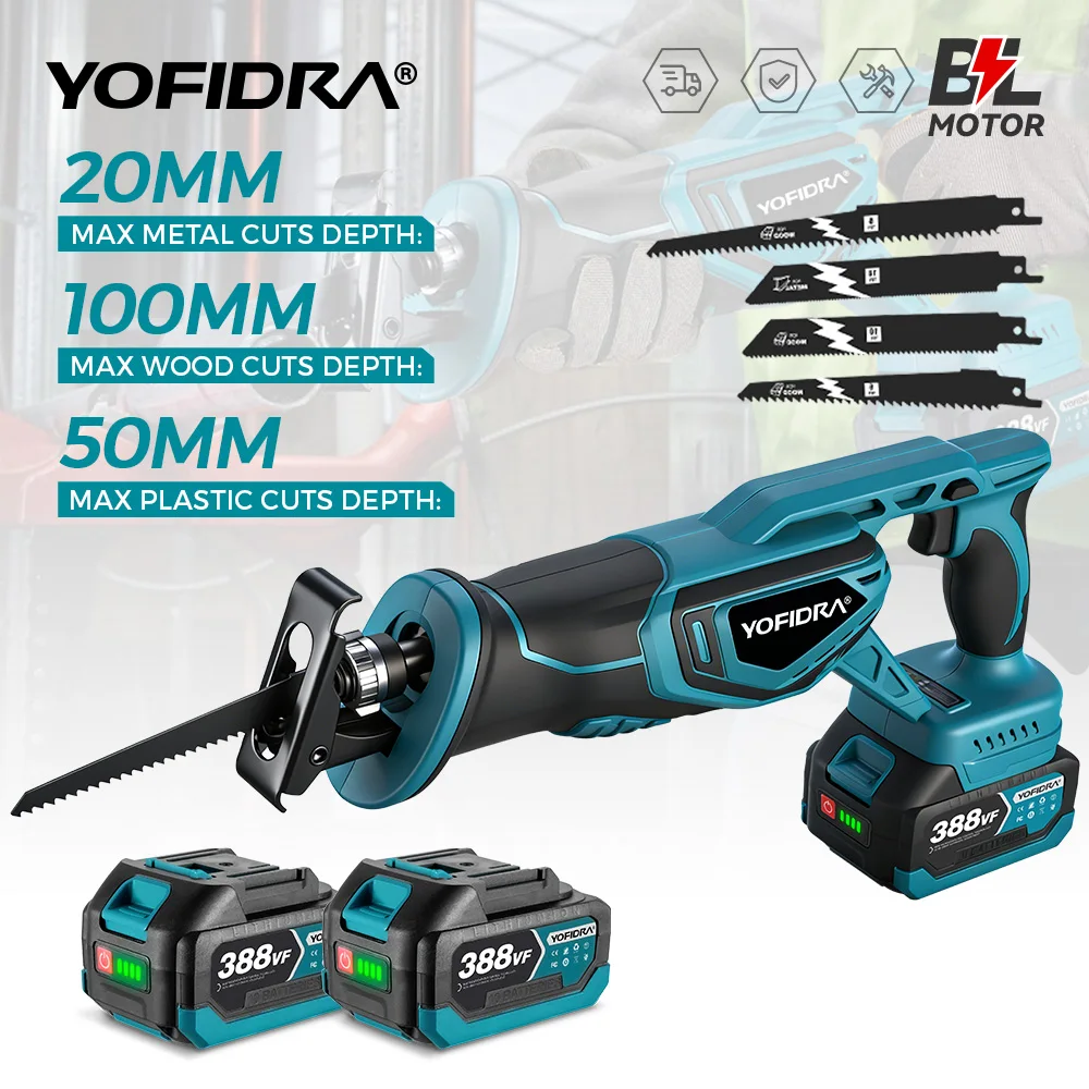 YOFIDRA 3000W Bürstenlose Säbelsäge, kabellose Säbelsäge, tragbares Werkzeug zum Schneiden von Metall, Holz und Rohren für Makita 21V Akku.