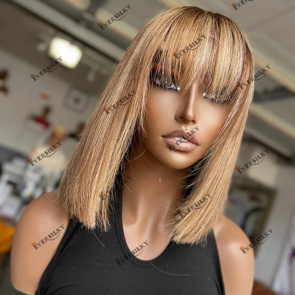 Brown Honey Blonde Silky Straight Bob Highlight Black Women Lace Front Wig with Bangs Full Lace Human Hair Wig Fringe Style