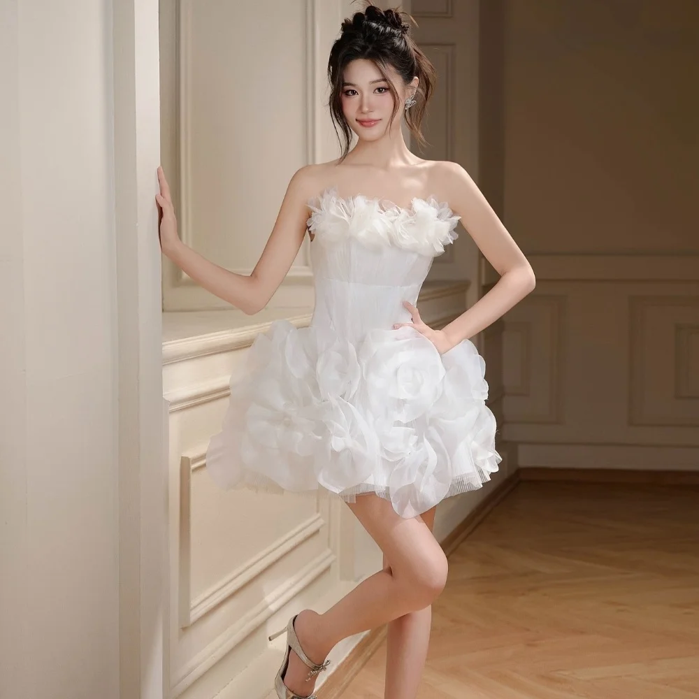 

Customized Sexy Modern Style Organza Pleat Ruched Handmade Flower A-line Strapless Short Dresses Bespoke Occasion Dresses Casual