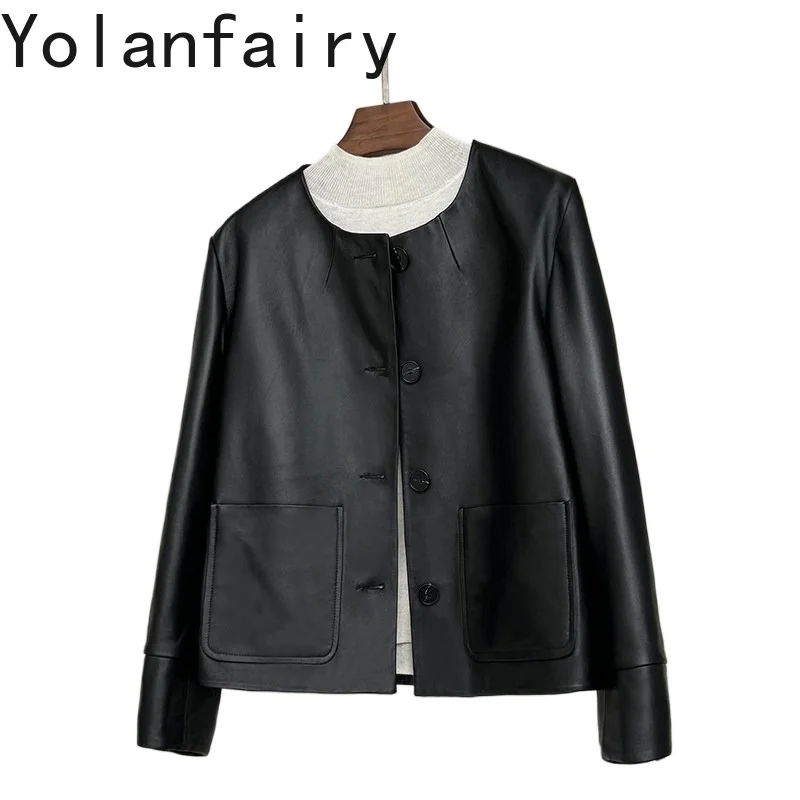 

YOLANFAIRY High Quality 100% Genuine Leather Jacket Women 2026 High-end Real Sheepskin Coat O-neck Short Black Leather Jackets