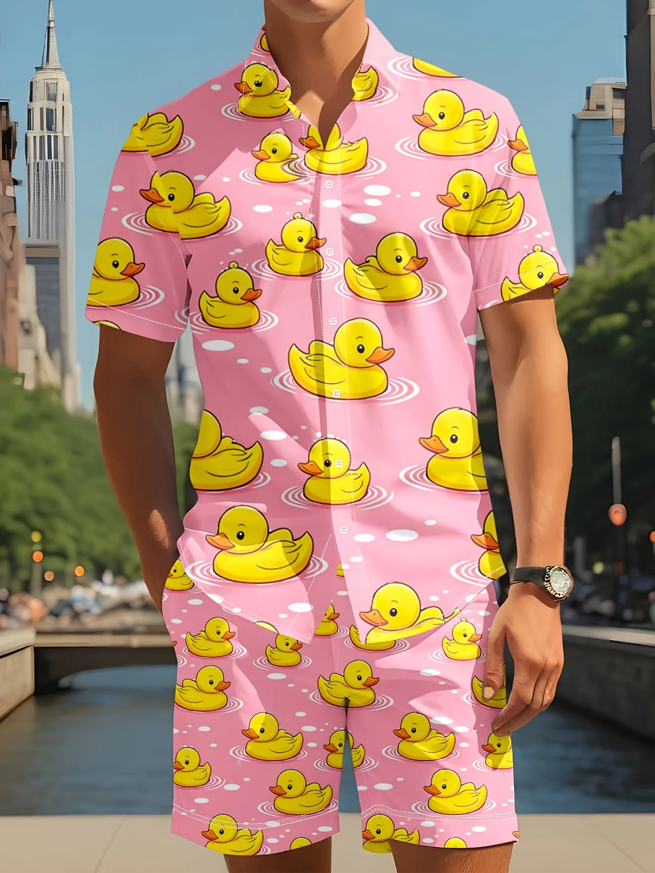 Cartoon Duck Graphic Men Co‑ord Set Turn‑down Collar Button Shirt Elastic Waist Short Pant Vacation Suit - view 3