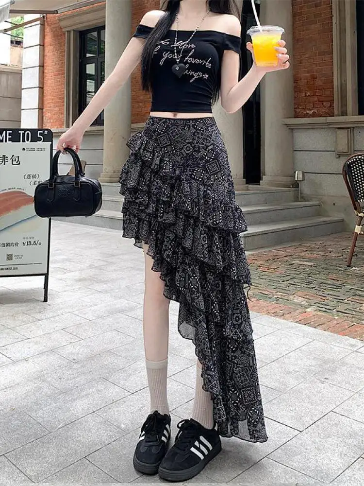

Vintage Women's Black White Print Ruffle Edge Irregular Pleated Long Skirt Summer High Waist Sexy Party Skirt Streetwear Popular