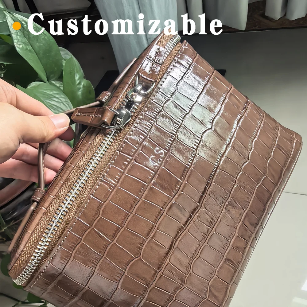 Große Kosmetiktasche aus echtem Leder für Damen, mit Krokodilprägung, als Make-up-Organizer und Reise-Toilettentasche mit integriertem Spiegel, Neu – Detail 2