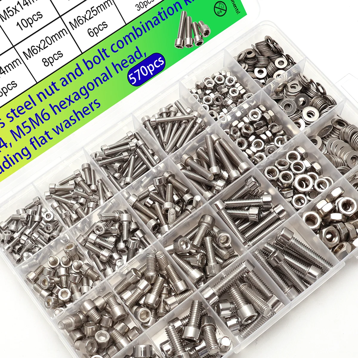 570-teiliges Edelstahl-Innensechskantschrauben-Set, Muttern und flache Unterlegscheiben, für Heim-, Industrie- und Automobilprojekte.
