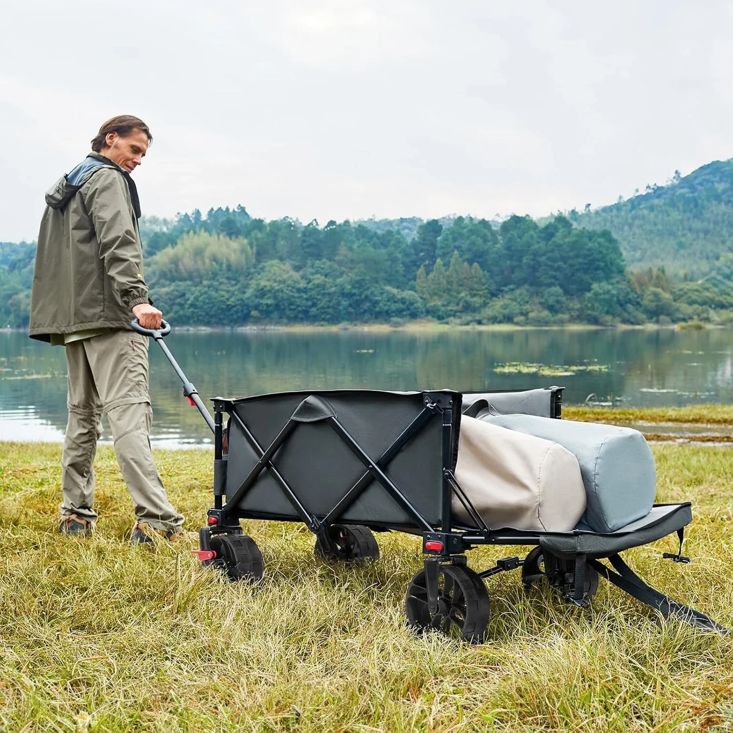 

47" L Collapsible Folding Wagon with Tailgate, 300lbs Heavy Duty Wagon with All-Terrain Big Wheels, 250L Foldable Utility Cart