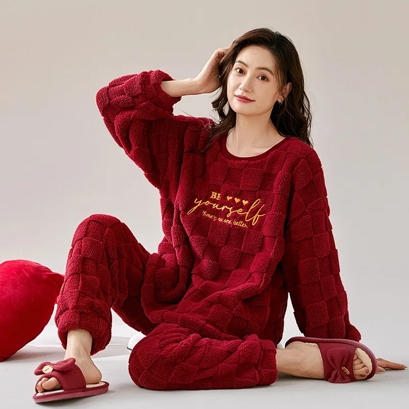 

New Women's Thick Warm Flannel Pajama Set Cartoon Chinese Style Sleepwear Clothes Girls Loungewear Cute Night Suits Outside Wear