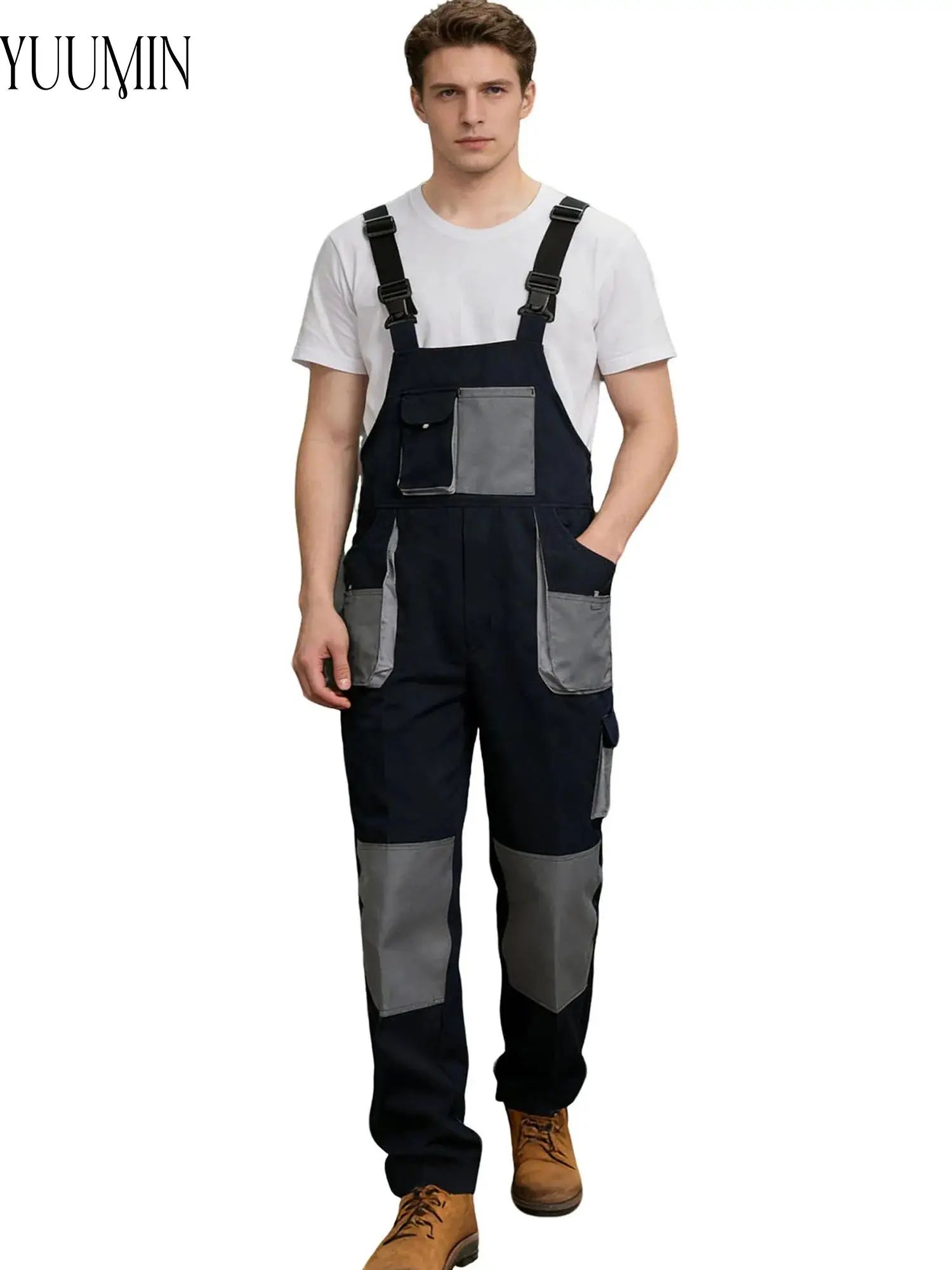 

Unisex Workwear Bib Overalls Adjustable Straps Elastic Waist Multi Pocket Jumpsuit Durable Breathable for Construction Workshop