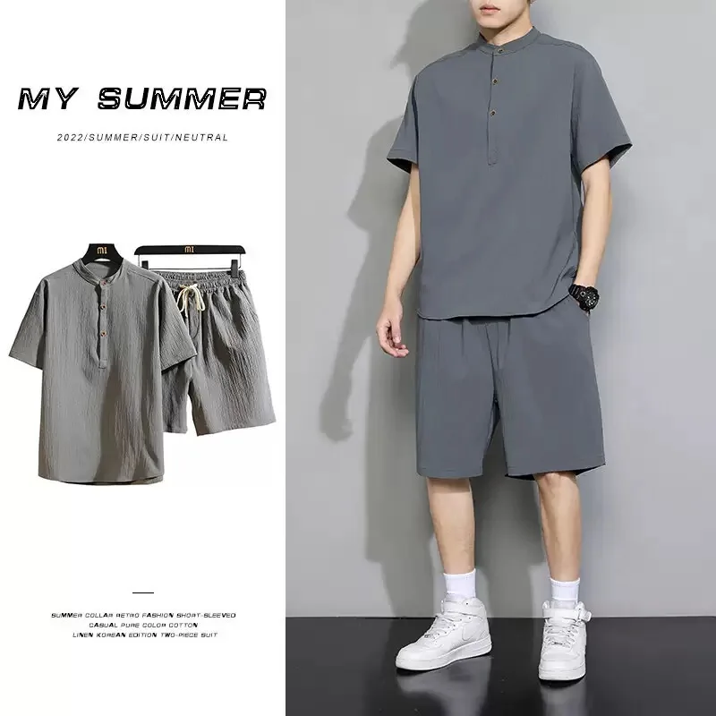 

Summer Fashionable Solid Color Short Sleeved T-shirt Shorts Cotton Linen Set Men's Casual Loose Breathable Sports Two-Piece Set