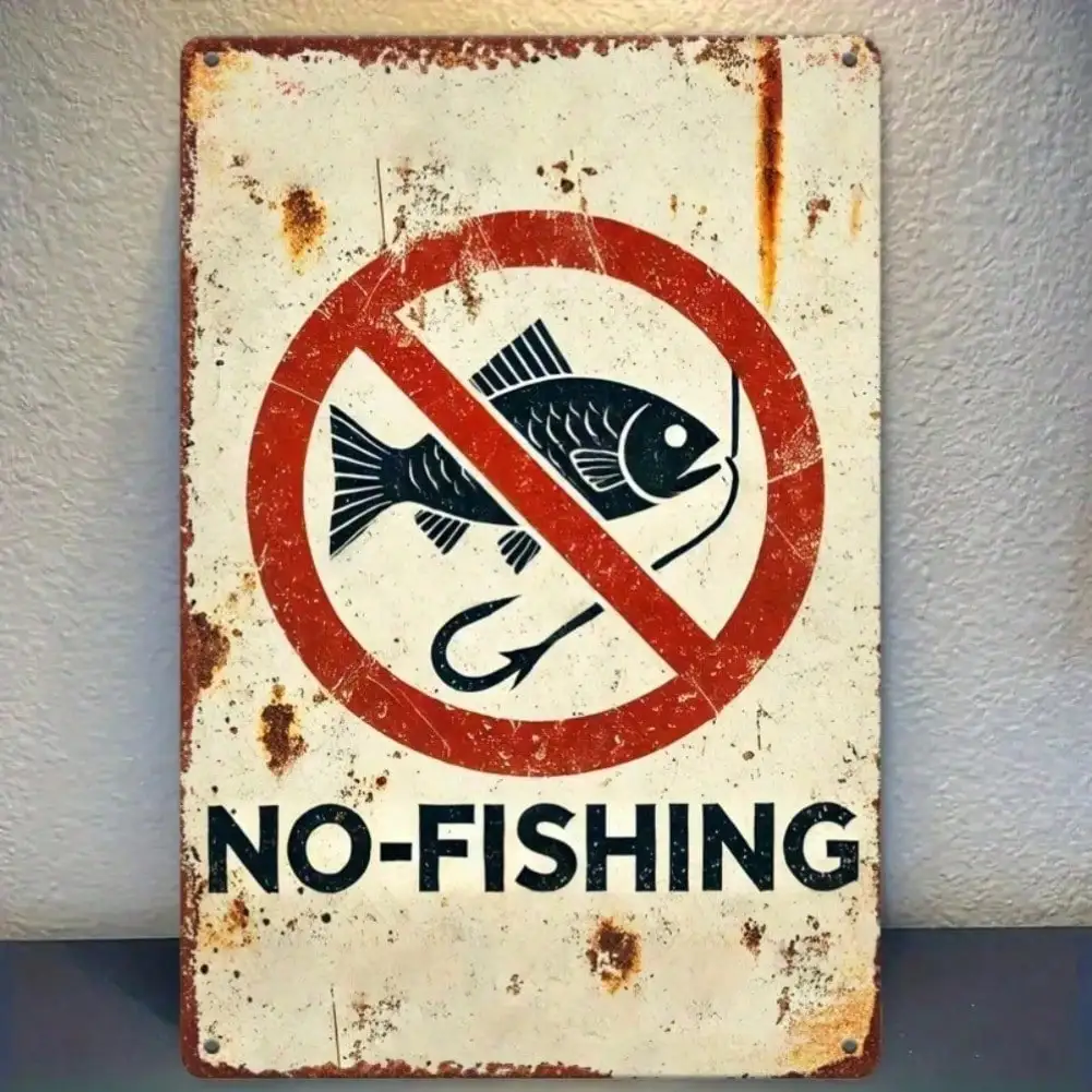 Vintage No Fishing Metal Sign, Rustic Iron Wall Art with Red Border & Fish for Bar, Cafe, Home Decor