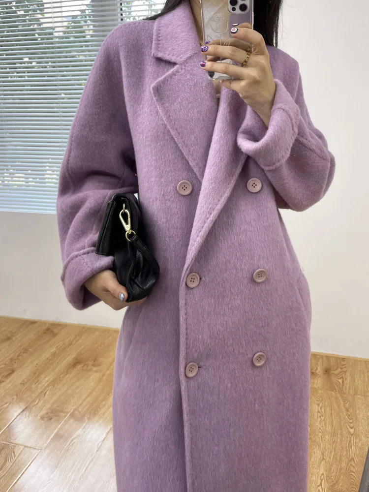 New Long Fur Double-sided Wool Women Rabbit Velvet Coat Fashion Lace-up Mulberry Silk Double Breasted Wool Coat Autumn Winter