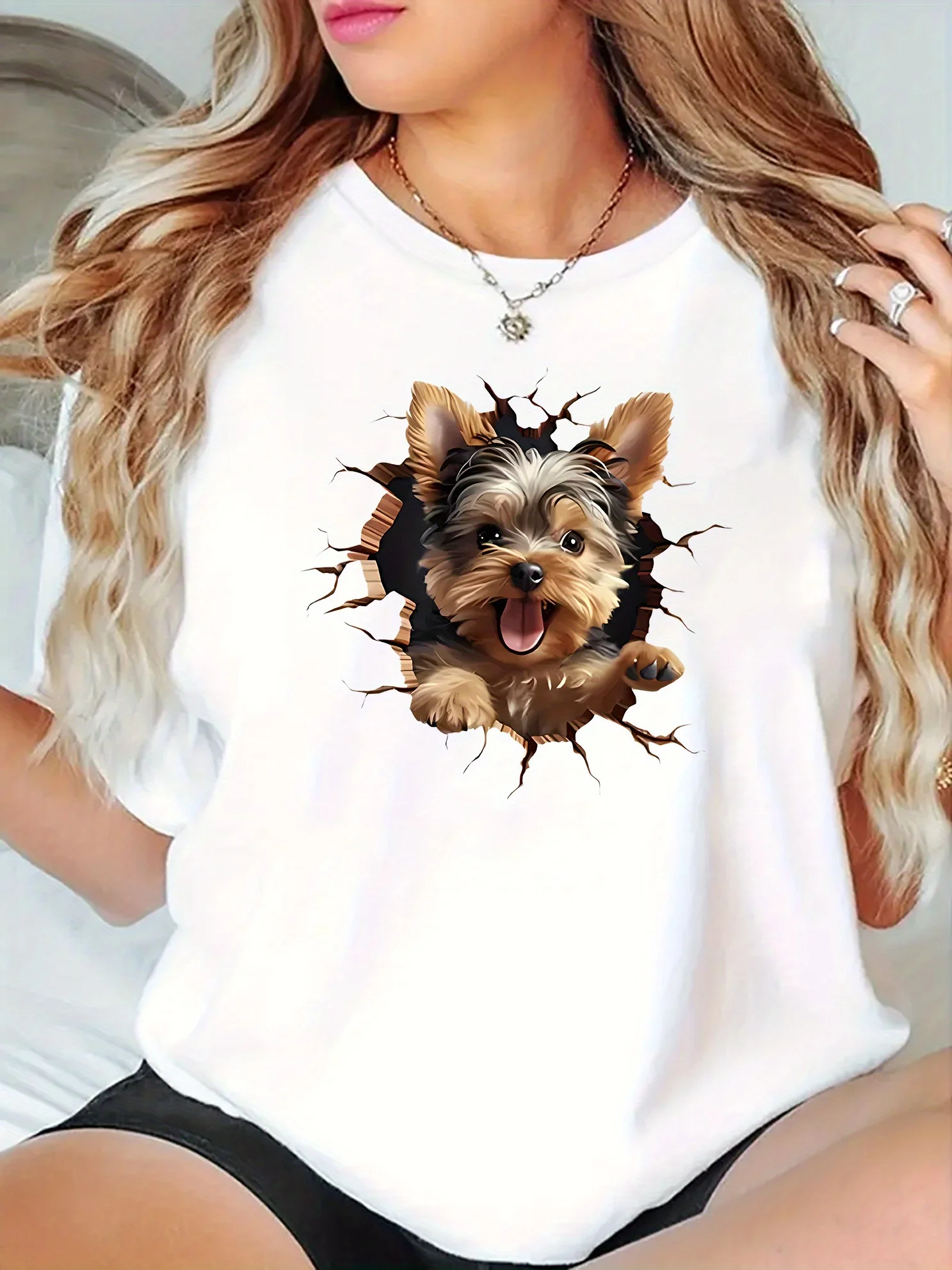 Cute Yorkie Dog Graphic Print T-Shirt for Women Casual Knit Polyester Spandex Tee Crew Neck Short Sleeve Top with Medium Stretch