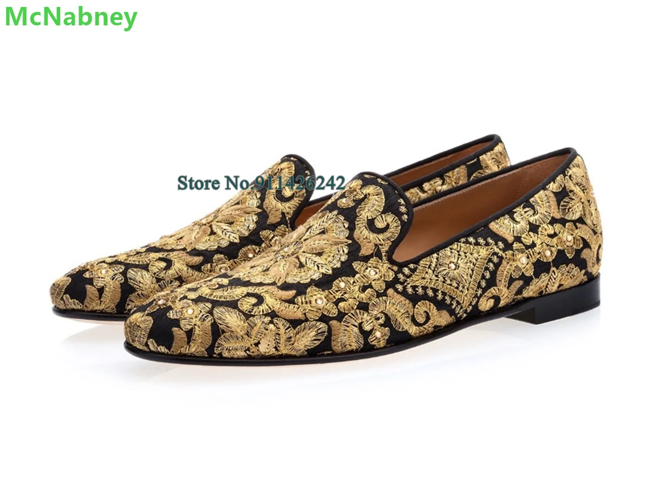 

Gold Embroidery Pattern Flat With Shoes For Men Handmade Round Toe Crystal Decoration Comfortable Slip-on Outside Foot Wear