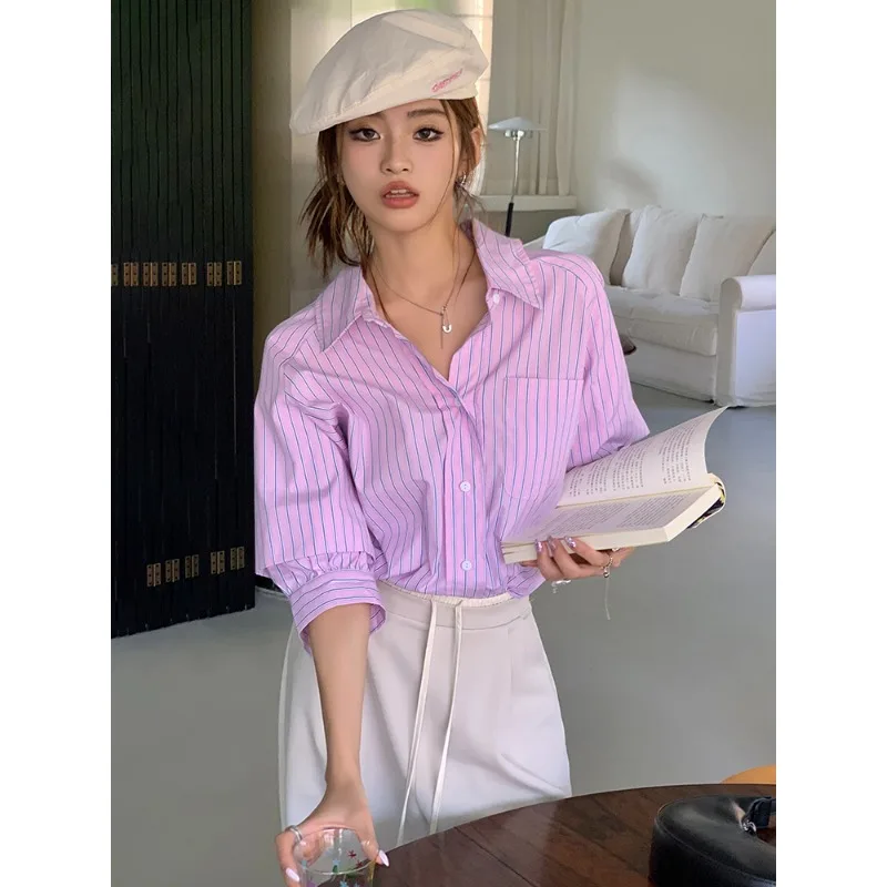 Dames College-Stijl Sweet Shirt Westerse Stijl Gestreept Casual Shirt Met Korte Mouwen, Losse En Zachte Stijl Revers Top Trendy Slank