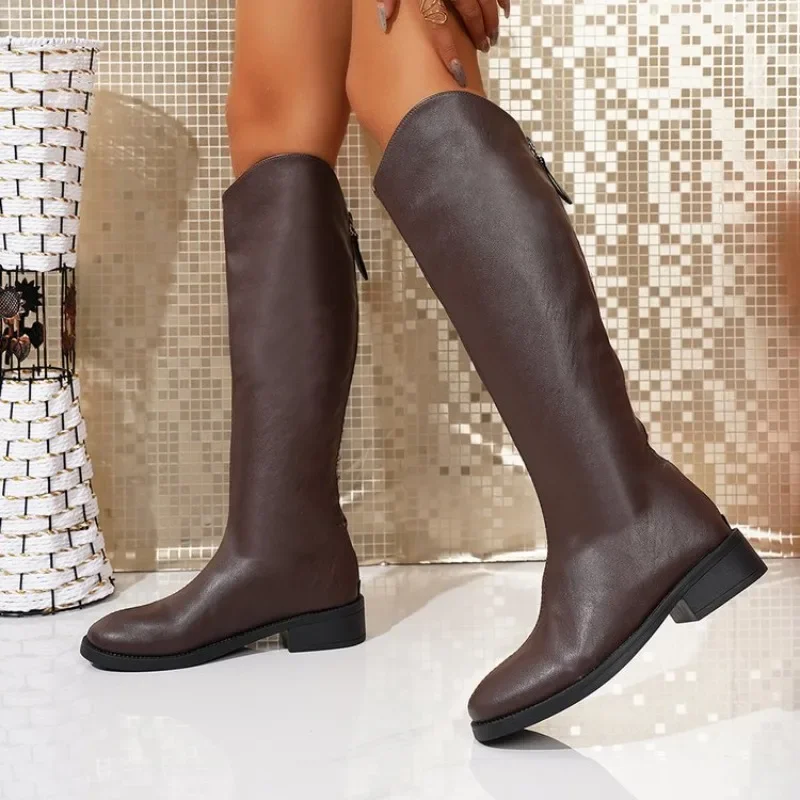 Spring and Autumn Women's Knee-High Boots 2025 New Fashion Casual Round Heel Solid Color Pu Material Zipper Fashion Boots