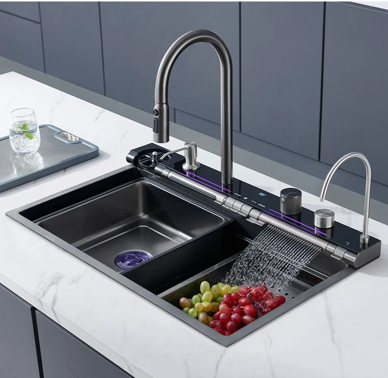 Lusa Factory Multifunction Black Grey Sink Waterfall Digital Display Pull-Out Faucet Single Bowl Smart Kitchen Sink Set