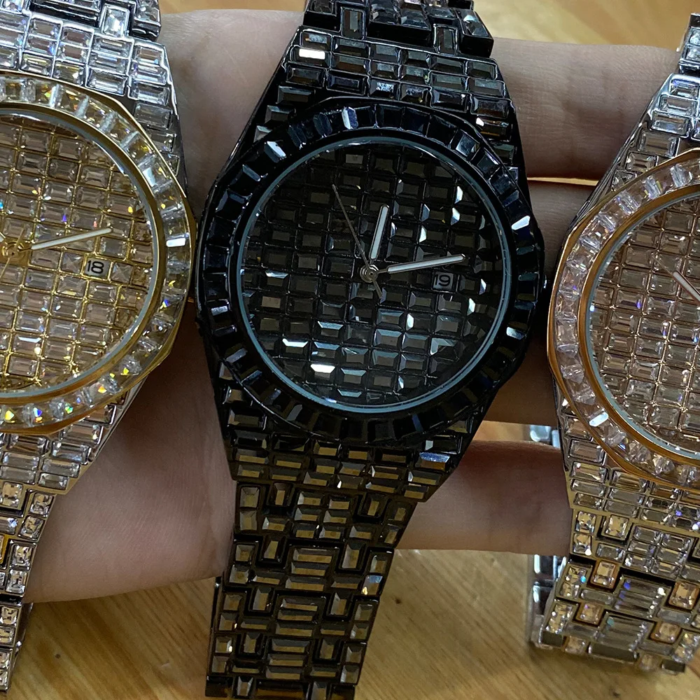 Relojes de cuarzo de piedra completa de lujo para hombres y mujeres, reloj de pulsera de Color dorado con fecha de Hip Hop, reloj luminoso resistente al agua a la moda