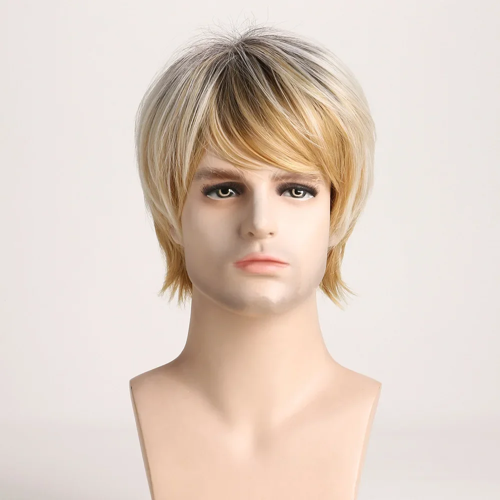 Synthetic Short Curly Hair Wigs For Men Boy Costume Cosplay Party Blonde Heat Resistant Fake Hair