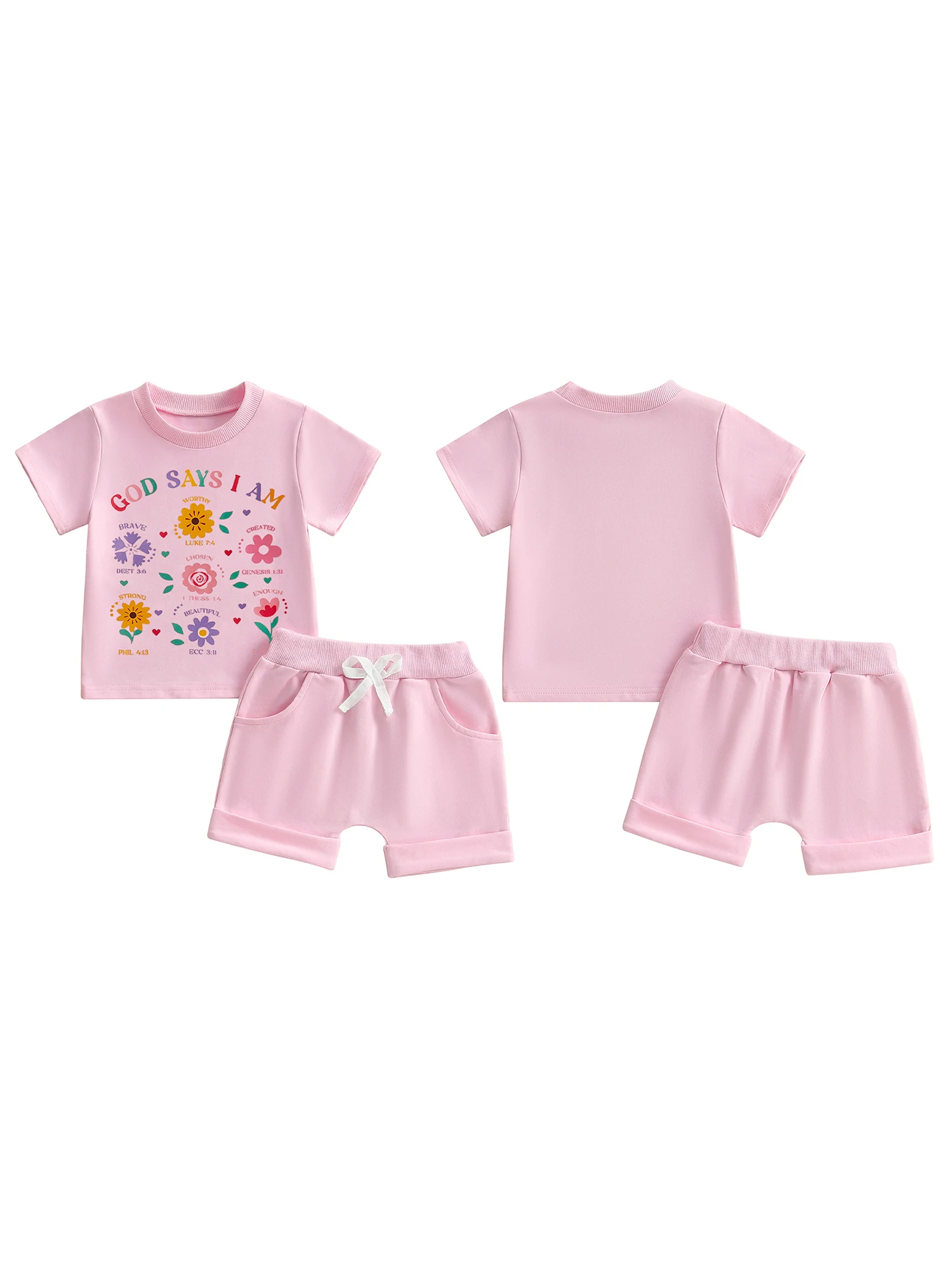 

Летний комплект из 2 предметов для девочек: топ с цветочным принтом с короткими рукавами и однотонными шортами с круглым вырезом для малышей