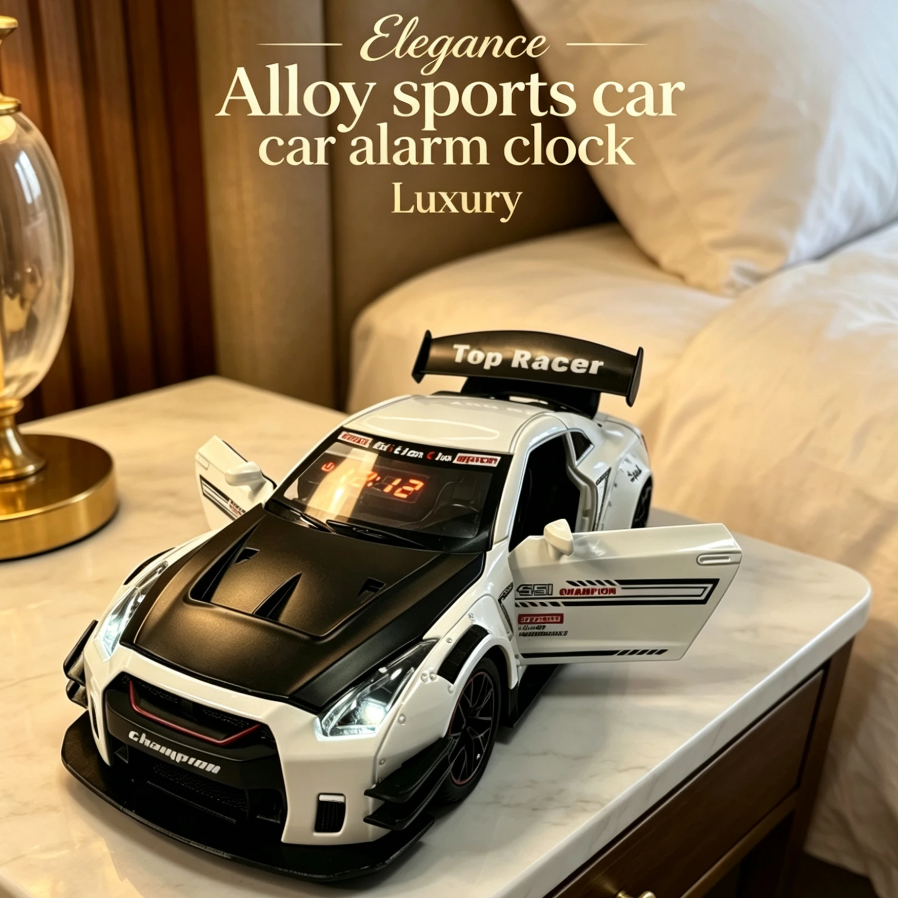 

Supercar Alarm Clock Real Engine Sound LED Light Racing Desk Clock Gift For Car Motorcycle Lovers.