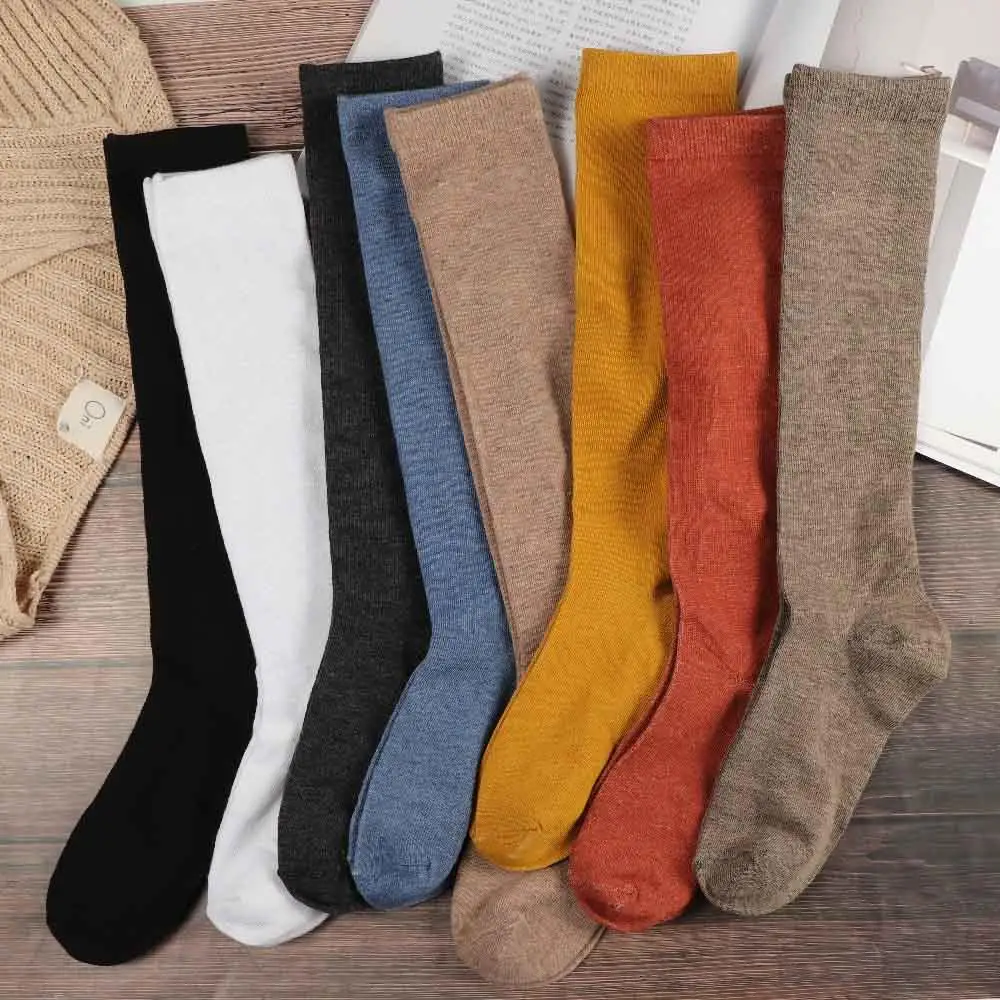Women Cotton Knee High Socks Solid Color JK Student Fashion Casual Calf Sock Female Girl Sexy Long Socks Black White