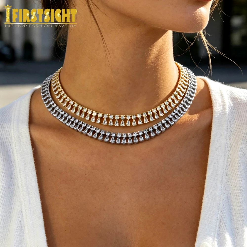 New Iced Out Bling Tear Drop Necklace Silver Color Round Cubic Zirconia Cz Tennis Paved Link Chain Choker For Women Jewelry