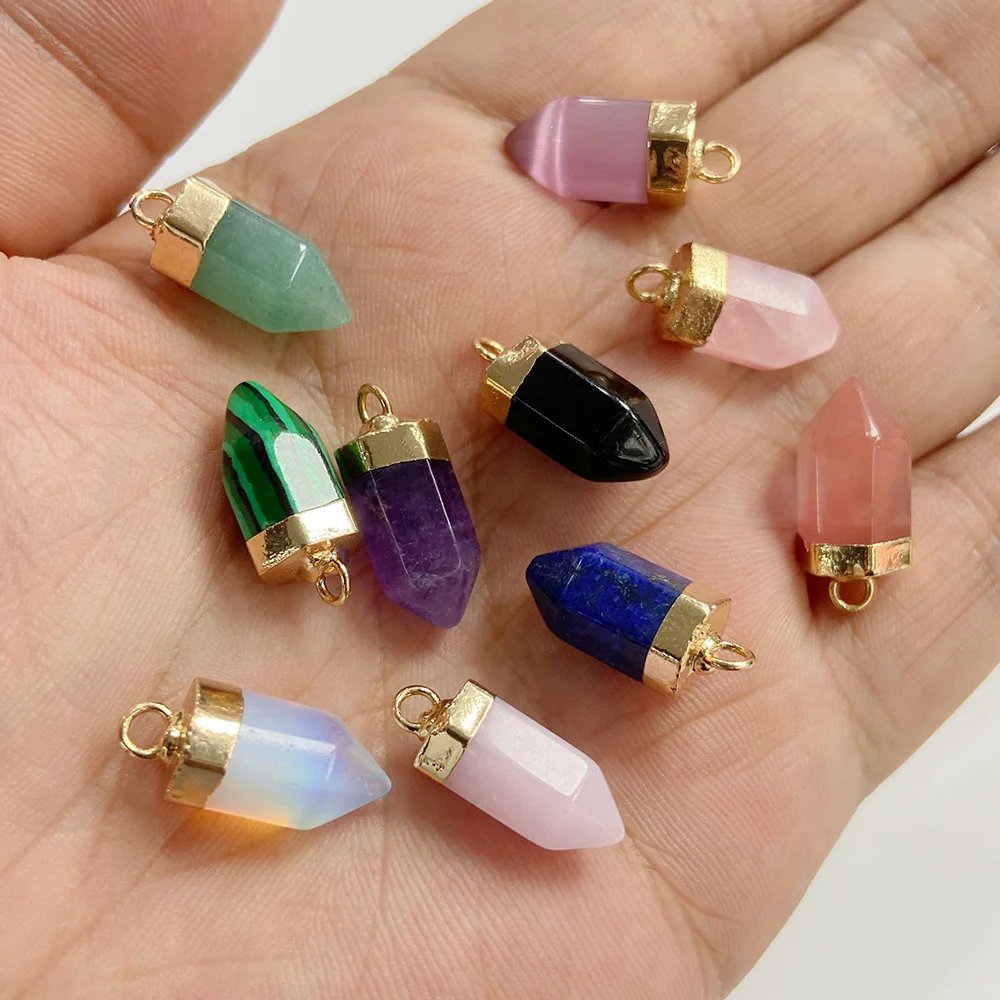 5pcs Natural Stone Small Hexagonal Charm Pendulum  Crystal Gem Pendants for Jewelry Making Necklace Earrings Accessories 7*14MM image 2
