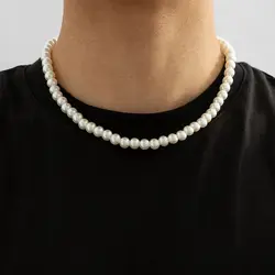 Trendy Hip Hop Imitation Pearl Chokers Necklace for Men Women Exquisite Boho Beaded Neck Chain Male Versatile Street Jewelry