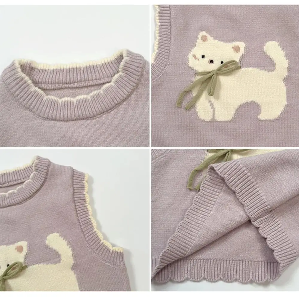 Baby Girls Sleeveless Sweater Spring Autumn Cute Cartoon Cat Knitted Vest Kids Waistcoat Children Clothes Warm Knit Vest Tops