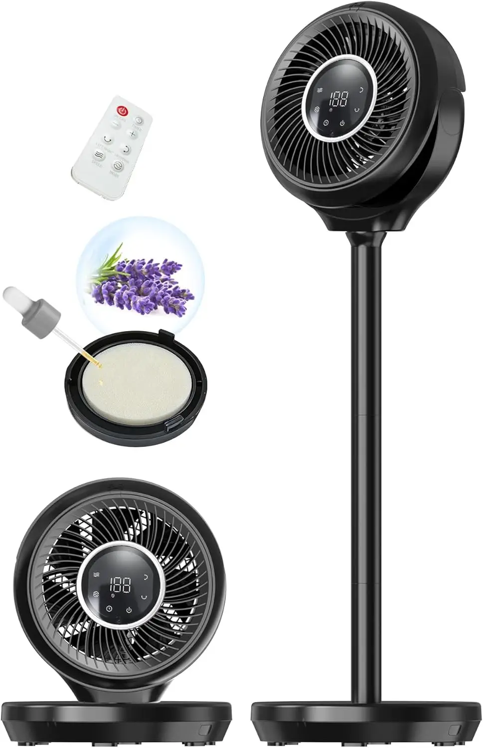 

Pedestal Fan, 180° Oscillating & 90° Tilt, 25dB DC Motor, 15 Speeds, 3 Modes, 12H Timer, Height Adjustable 15-38 inch, Black