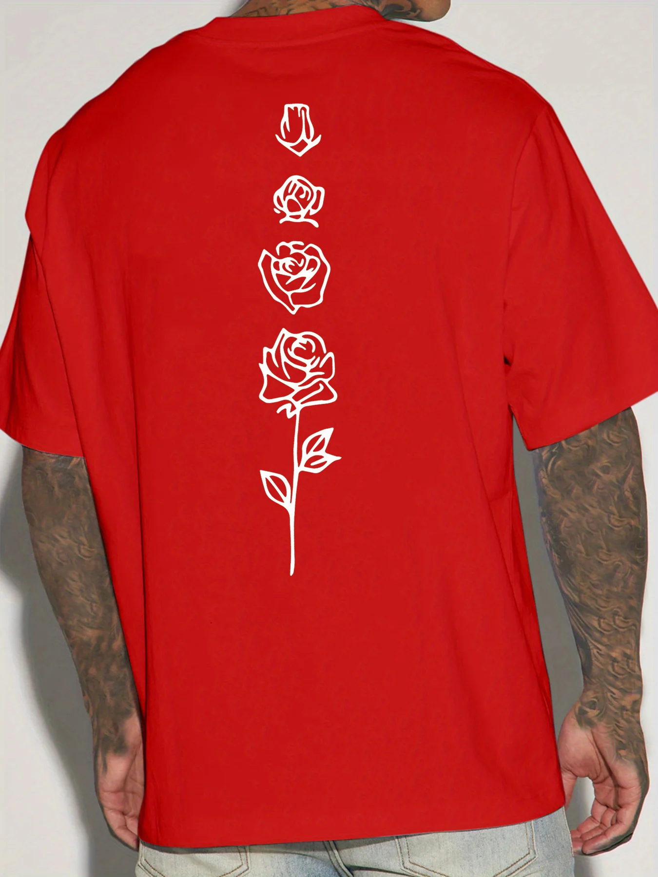 Men's Summer 100% Cotton Fashionable Casual Loose Large Back Red Rose Pattern Printed Sports Round Neck Short Sleeve T-shirt Top