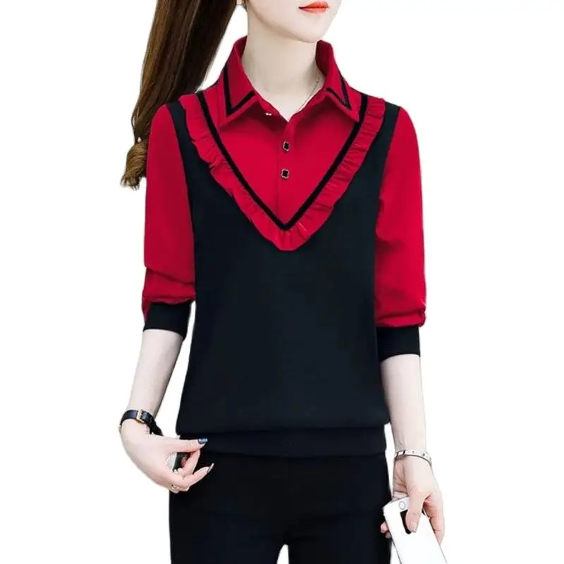 2025 New Spring Autumn Commuter Women's  Fake Two Pieces Shirt Office Lady Fashion Elegant Ruffles Spliced Long Sleeve Blouse