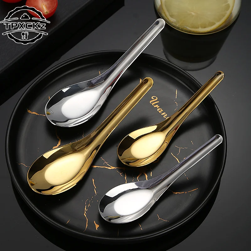 

304 Stainless Steel Flat Bottom Rice Soup Spoon Silver Golden Mirror Polished Tableware Household rice spoon Kitchen supplies